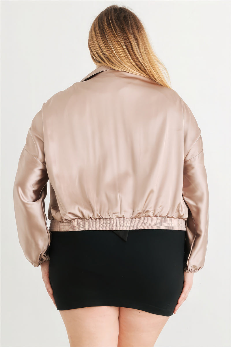 Plus Satin Zip-up Ruched Long Sleeve Cropped Bomber Jacket